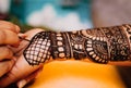 A mehandi design on female hand .Close up image view from top