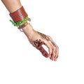 Mehendi or henna tatoo on the female hands in bracelets