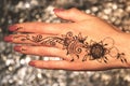 Mehendi tattoo, Indian henna art, arabic woman hand, Design for celebration or wedding, Arabian