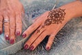 Mehendi tattoo. Woman Hands with henna tattoo