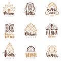 Mehndi beauty salon emblems. Mandala henna tattoo studio, indian ethnic body decoration ornaments logotype collection