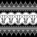 Mehndi henna border seamless pattern element with elephants and flower line lace in Indian style isolated on black background.