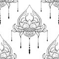 Mehndi lotus flower illustration for henna drawing tattoo element decoration in ethnic oriental Indian motif seamless