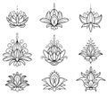 Mehndi set of Henna lotus. Hand drawn tatoo flowers. Floral paisley decorations in oriental, Indian, folk or ethnic style. Royalty Free Stock Photo