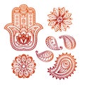 Mehndi tattoo doodle elements with hamsa hand, indian lotus and paisley