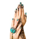 Mehndi tattoo isolated on white. Woman Hands with black henna tattoo