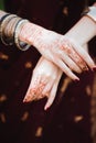 Mehndi tattoo. Woman Hands with black henna tattoos. India national traditions.