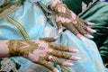 Mehndi tattoo. Woman Hands with black henna tattoos. moroccan national traditions