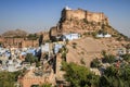 Mehrangarh Mehran Fort at midday light overlooking the blue city, Jodhpur, Rajasthan, India