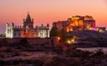 Mehrangharh Fort and Jaswant Thada mausoleum at sunset, Jodhpur, Rajasthan, India