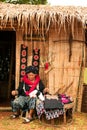 Mein hill tribe embroidery of traditional clothes in Thailand.