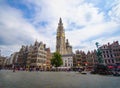 Meir street, lonely tower of the Cathedral of our lady,fountain with Statue of Brabo in Grote Markt square with rainbow flag the s