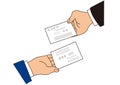 Hands exchanging business cards in business