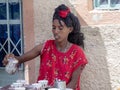 MEKELE, ETHIOPIA, APRIL 30th. 2019, The coffee shop assistant, during traditional coffee preparation, April 30th. 2019, Mekele,