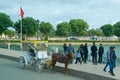 Meknes, Morocco - November 2019: Horse carriage along the lake in Meknes, Morocco