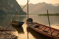 Mekong river fishing boat in Luang Prabang, Laos, South East Asia. Sunset light Royalty Free Stock Photo