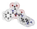 Melagatran anticoagulant drug molecule (direct thrombin inhibitor). 3D rendering. Atoms are represented as spheres with