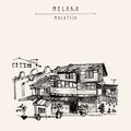 Melaka, Malaysia, Southeast Asia. Colonial buildings. Travel sketch. Vintage touristic hand drawn postcard in vector