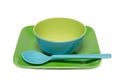 Melamine blue bowl and green dish on white