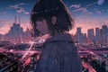 A Melancholic Anime Girl Gazes At The Urban Skyline, Drendered In Mangainspired Lofi