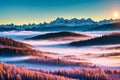 melancholic dreamy winter landscape with mountains and fog in the valleys early in the morning made with