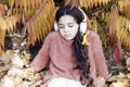 Melancholic melody. Listening song. Enjoy music outdoors fall warm day. Audio file. Boring podcast. Autumn playlist