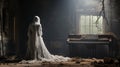 Melancholy female figure covered in sheer garment standing next to an old dusty piano in an abandoned house -