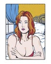 Comic pop art illustration of a melancholy redhead in romantic thought