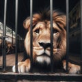 Sad lion sits in a rundown Victorian zoo