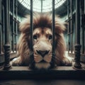 Sad lion sits in a rundown Victorian zoo