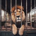 Sad lion sits in a rundown Victorian zoo