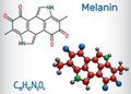 Melanin molecule. Structural chemical formula and molecule model