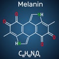 Melanin molecule. Structural chemical formula and molecule model on the dark blue background