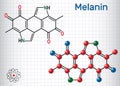 Melanin molecule. Structural chemical formula and molecule model. Sheet of paper in a cage
