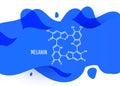 Melanin structural chemical formula with blue liquid fluid gradient shape with copy space on white background