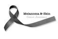 Melanoma and skin cancer, black awareness ribbon isolated on white background, clipping path