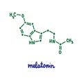 Melatonin hand drawn vector formula chemical structure lettering blue green