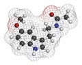 Melatonin hormone molecule. In humans, it plays a role in circadian rhythm synchronization. Atoms are represented as spheres with