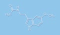 Melatonin hormone molecule. In humans, it plays a role in circadian rhythm synchronization. Skeletal formula.