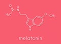 Melatonin hormone molecule. In humans, it plays a role in circadian rhythm synchronization. Skeletal formula.