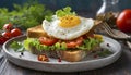 Melba Toast Stack with Fried Egg, Tomato, Lettuce, and Spicy Serrano Pepper. Royalty Free Stock Photo