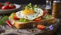 Melba Toast Topped with Crispy Fried Egg and Fresh Vegetables. Royalty Free Stock Photo