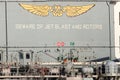 Beware of jet blast and rotors sign on the deck of the USS Bonhomme Richard. Royalty Free Stock Photo