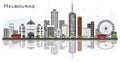 Melbourne Australia City Skyline with Gray Buildings and Reflections Isolated on White Background