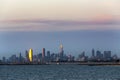 Melbourne Australia cityscape. View over water at sunset