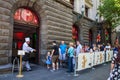 Melbourne, Australia - December 16, 2017: People waiting in line to the Gingerbread Village on Swanston street during Christmas.