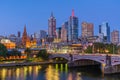 MELBOURNE, AUSTRALIA, DECEMBER 31, 2019: Sunset view of skyline of Melbourne viewed behind Princess bridge, Australia