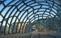 MELBOURNE, AUSTRALIA - FEBRUARY 21, 2016: Webb bridge in Docklands, the view to sky and city building through arches. Royalty Free Stock Photo