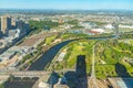 MELBOURNE, AUSTRALIA, JANUARY 1, 2020: Aerial view sport stadiums and downtown Melbourne behind Yarra river, Australia Royalty Free Stock Photo