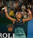 Grand Slam Champion Naomi Osaka of Japan celebrates victory after her semifinal match at 2019 Australian Open in Melbourne Park Royalty Free Stock Photo